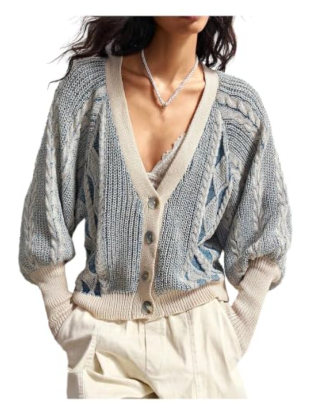 Womens Cable Knit Button Down Cardigan V Neck Puffy Sleeve Sweater